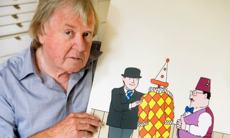 David McKee with an illustration showing characters from his story Mr Benn.