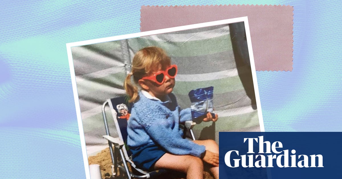 My favourite childhood outfit: I am in classic British beachwear  a cardigan knitted by my nan'