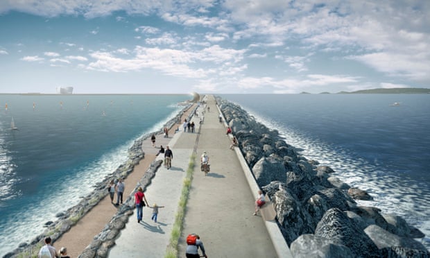 Tidal Lagoon Power's visualisation of a six-mile sea wall with turbines to generate low-carbon electricity at Swansea Bay.