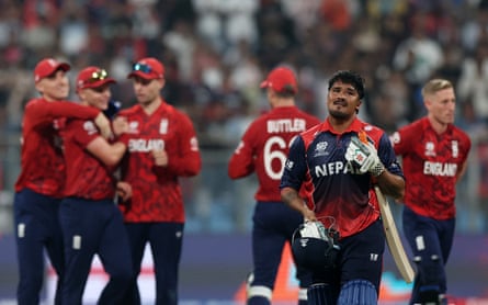 Lokesh Bam shows his disappointment after Nepal’s T20 World Cup defeat by England.