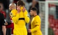 Oliver Arblaster of Sheffield United hides his face after his side's defeat by Manchester United on 24 April