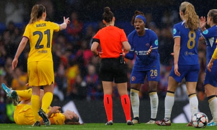 Chelsea’s Kadeisha Buchanan is sent off for a second bookable offence at Stamford Bridge.