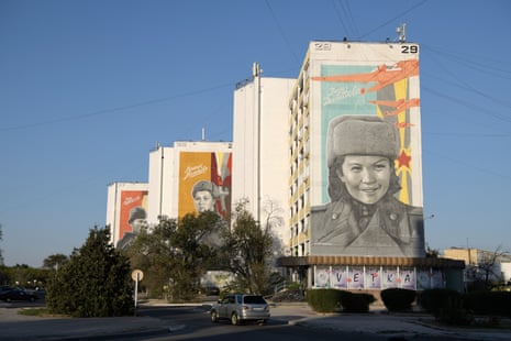 Blocks of flats in Aktau with murals depicting notable female military figures from the second world war.