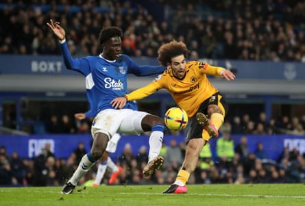 Rayan Aït-Nouri of Wolves scores in the 95th minute to seal a 2-1 win at Everton