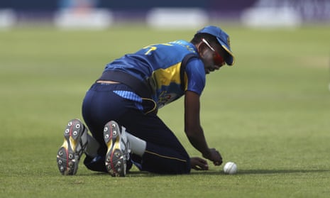 Sri Lanka’s Dushmantha Chameera looks at the ball after dropping a catch of England’s Joe Root.