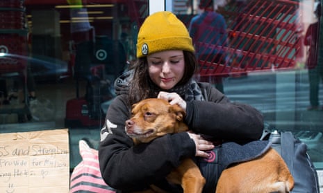 Heather with her dog Poppy in downtown Seattle, Washington