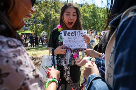 Swifties exchange friendship bracelets outside the Melbourne Cricket Ground on 16 February.