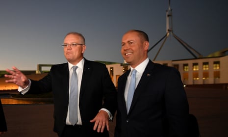 Josh Frydenberg with Scott Morrison outside Parliament House in April. The PM and treasurer are outlining reforms to the public service and the banking sector in two major speeches on Monday. 