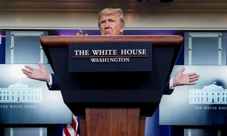 Trump leads a coronavirus taskforce meeting in April 2020.