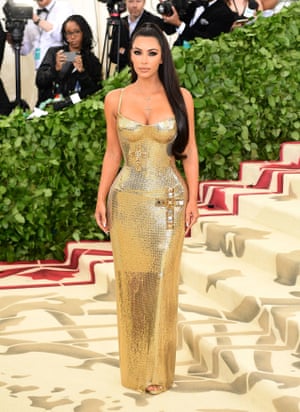 Like several stars, Kim Kardashian West chose a Versace gown to walk the steps of the Met solo (husband Kanye West stayed at home). The liquid-gold style featured religious iconographic appliqué