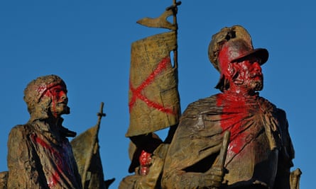 The Juan De Oñate sculpture is defaced with paint following a protest.