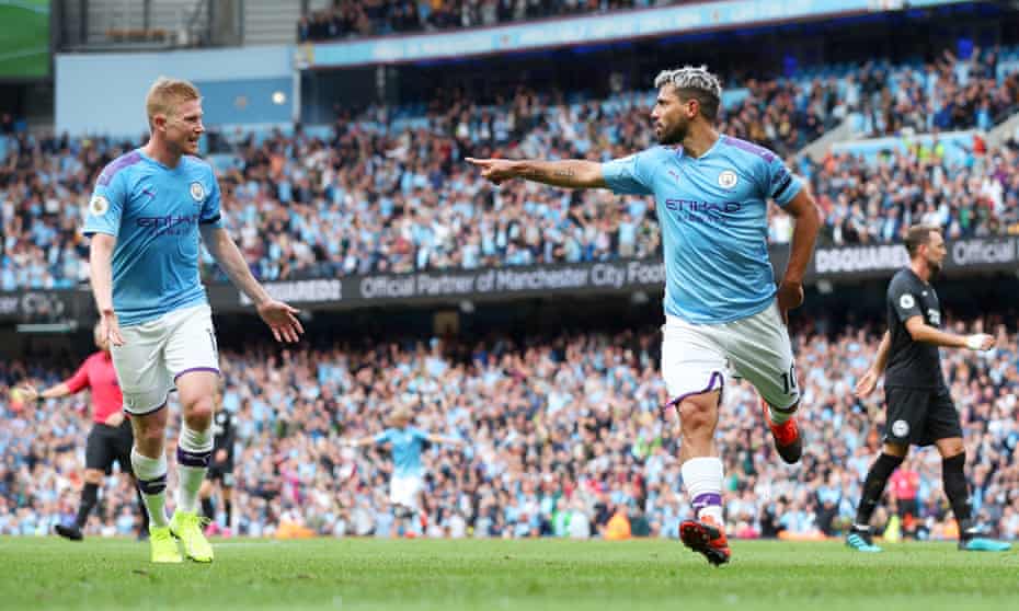 Sergio Agüero celebrates scoring Man City’s second goal against Brighton with Kevin De Bruyne.