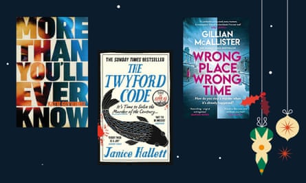Three book jackets - More Than You’ll Ever Know by Kate Gutierrez, The Twyford Code by Janice Hallett and Wrong Place Wrong Time by Gillian McAllister - and an illustration of two baubles.