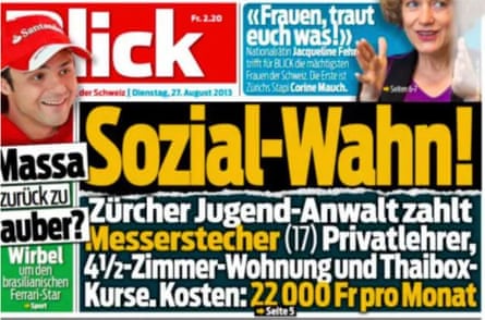 The Swiss tabloid Blick’s front page story about Keller’s rehabiliation programme attacked the cost to taxpayers of the teenager’s city apartment and Thai boxing lessons. The headline says: ‘Social Madness!’