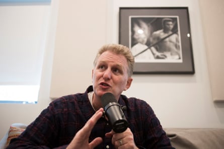 Michael Rapaport records a show for his sports podcast at his home in Los Angeles.