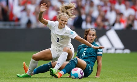 Germany’s Lena Oberdorf tackles England’s Rachel Daly during the Euro 2022 final at Wembley
