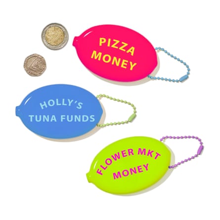 Coloured money pouches with various phrases on them such as ‘Pizza money’ and ‘Holly’s tuna funds’