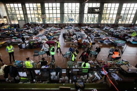 A sports hall of Hrubieszow, Poland, that was transformed into an accommodation facility for refugees fleeing Russia’s invasion Ukraine, in March 2022