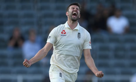 Mark Wood celebrates after taking the wicket of Anrich Nortje during day two of the fourth Test against South Africa at the Wanderers.