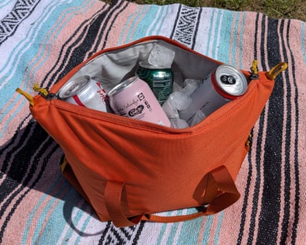 orange cooler bag photographed outside on beach blanket in grass