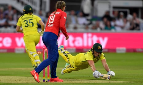 Australia Grace Harris run out by England Womens Alice Capsey (out of shot) collected by Sophie Ecclestone.