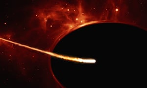 This artist’s impression depicts a sun-like star close to a rapidly spinning supermassive black hole, with a mass of about 100 million times the mass of the sun, in the centre of a distant galaxy.