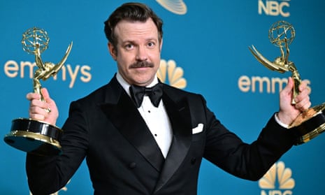 A suitably honoured Jason Sudeikis collecting his two Emmy awards for Ted Lasso this week.