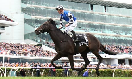 Mark Zahra guides Gold Trip to victory in the 2022 Melbourne Cup at Flemington Racecourse.