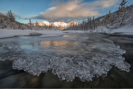 Patterns of ice on the Wheaton River, near Whitehorse, Yukon.