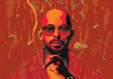 An illustration in red and orange of Andrew Tate smoking a cigar with burning dollar bills raining down around him
