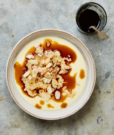 Yotam Ottolenghi’s custard with pandan tapioca cardamom syrup and toasted almonds.