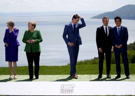 Theresa May, Angela Merkel, Justin Trudeau, Emmanuel Macron and Shinzo Abe