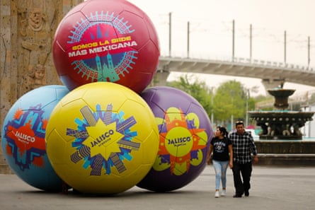 Giant football sculptures are being placed around Guadalajara in the buildup to the World Cup.