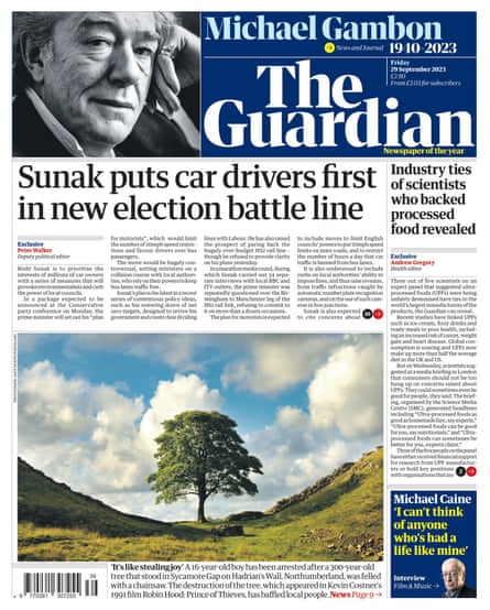 Guardian front page, Friday 29 September 2023