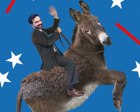 Zohran Mamdani riding a donkey while waving, with a small elephant in the corner against a background with white stars and red stripes