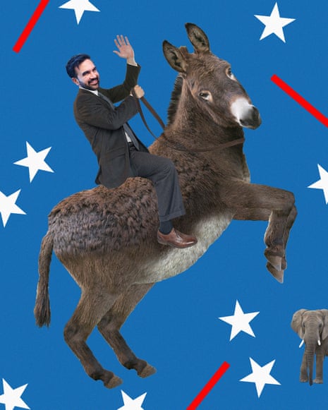 Zohran Mamdani riding a donkey while waving, with a small elephant in the corner against a background with white stars and red stripes