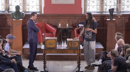 Charlie Kirk and George Abaraonye during a debate at the Oxford Union in May 2025