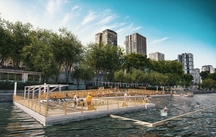 artist’s view of a swimming station on Seine River