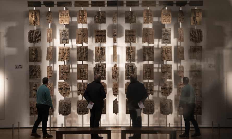 Plaques that form part of the Benin bronzes on display at the British Museum.