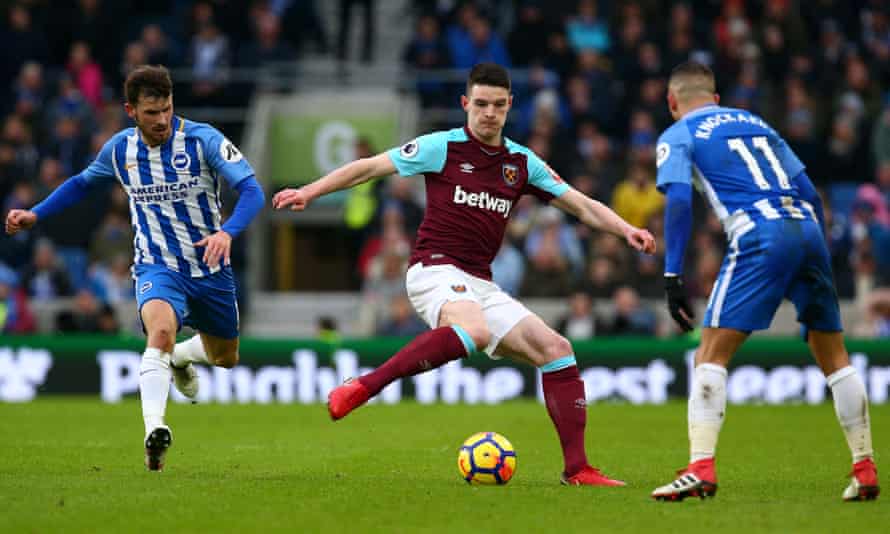 West Ham United’s Declan Rice passes the ball during the Hammers’ Premier League match against Brighton and Hove Albion.