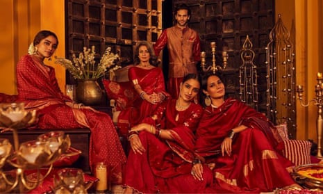 Fabindia models wearing red and gold