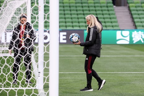 Referee Tori Penso tests the goalline technology ahead of Germany’s match against Morocco.