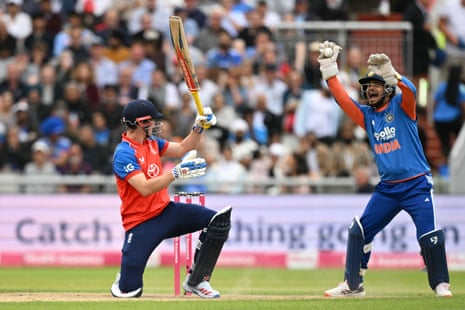 India's Ishan Kishan appeals for a catch against England's Harry Brook, given after a review.