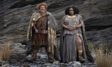 Owain Arthur, left, and Sophia Nomvete in a scene from “The Lord of the Rings: The Rings of Power.”