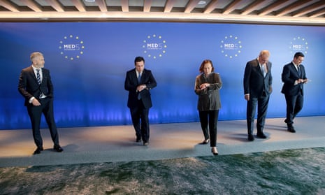 (L-R) Spanish interior minister Fernando Grande-Marlaska Gomez, Greek minister of migration and asylum Notis Mitarachi, Italian interior minister Luciana Lamorgese, Cypriot interior minister Nikos Nouris and Maltese minister for home affairs Byron Camilleri at a Med 5 meeting on Saturday.