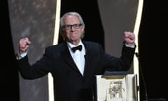 Ken Loach celebrates after being awarded the Palme d’Or for I, Daniel Blake