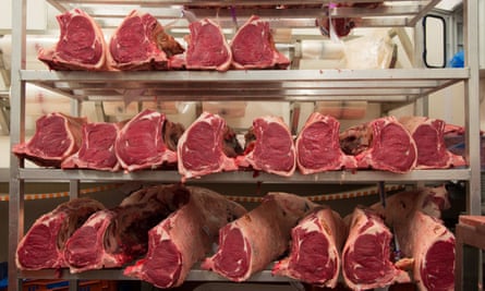 Sirloin joints of beef in abattoir, Yorkshire, England.