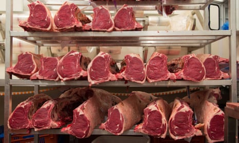 Joints of beef in an abattoir in Yorkshire
