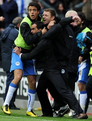 Joy for Roberto Martínez and Wigan as they send West Ham down in 2011, two seasons after that 9-0.