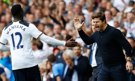 Victor Wanyama celebrates with Tottenham’s manager, Mauricio Pochettino, after scoring against Crystal Palace.